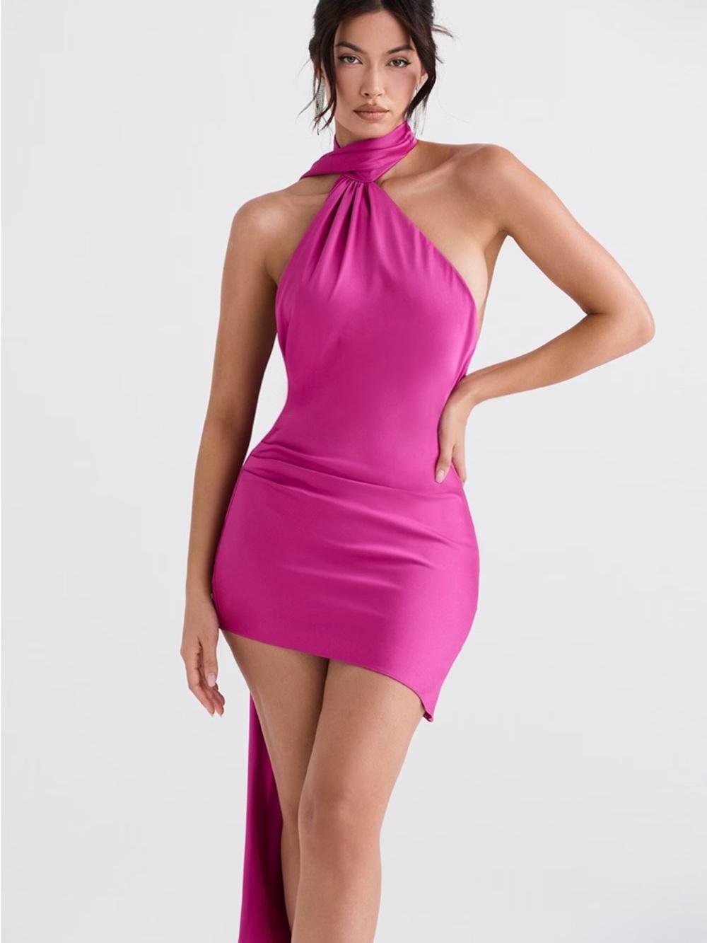 ✨SALE House of CB Aida Asymmetric Wrap Neck Halter Scarf Drape Pink Mini Dress - Picture 6 of 10